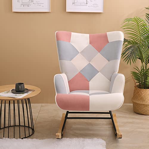 Kgopk Accent Rocking Chair, Mid Century Fabric Rocker Recliner Chairs With Wood Legs And Patchwork Linen For Livingroom Bedroom, Pink #TOP2