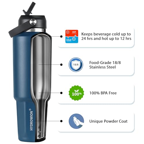 Image of HYDROWION 32 oz Insulated Water Bottle, Car Water Bottle Holder - Double Wall Vacuum Insulated Travel Bottle with Straw Lid, Spout Lid and Flex Cap - Cold for 24H, Hot for 12H, Cobalt