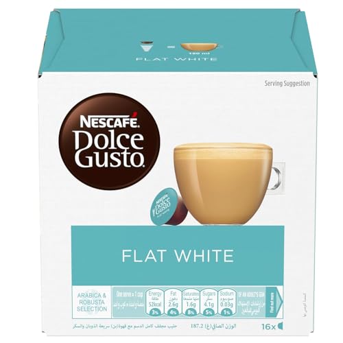 Image of NESCAFE Dolce Gusto Flat White Coffee Capsules - 16 Pods (187.2g) - Smooth & Creamy Coffee with Milk, Arabica & Robusta Blend, Cafe-Style Flat White, Compatible with Dolce Gusto Machines, By Cougar - (IMPORTED-UK)
