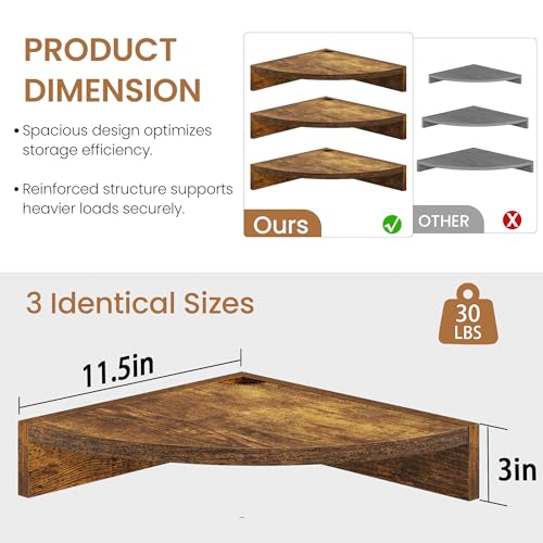 Image of Fun Memories Corner Shelf Wall Mount, Wood Floating Corner Shelves, Corner Wall Shelf for Bedroom, Bathroom, Kitchen, Living Room (Brown, 3 Pack)