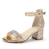 Hehainom Girls Dress Shoes Heels Sandals Rose Gold Sequin Little Big Kids Square-Toe Ankle Strap Wedding Party Flower Girls Shoes