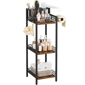 Bathroom Storage and Organizer Shelf Hair Dryer Holder, 9.85in 3-Tier Narrow Metal Standing Rack with Toilet Paper Holder, Corner Stand for Cosmetic, Vanity, Kitchen, Laundry Rustic Brown