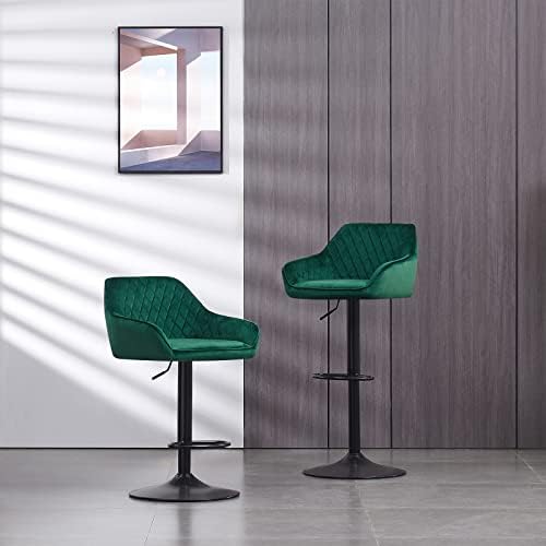 AINPECCA Bar Stools Set of 2, Velvet Fabric Adjustable Swivel Gas Lift, Black Footrest and Base for Breakfast Bar, Counter Kitchen Chairs and Home Bar chairs (Velvet Green)