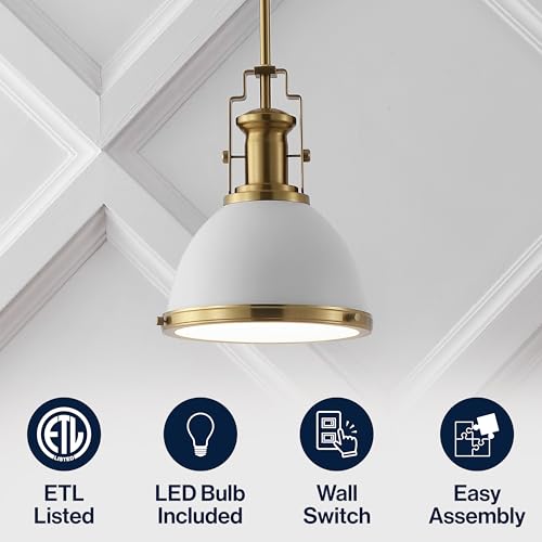 Image of JONATHAN Y Homer Industrial Dome Pendant 10 inch, White /Brass Gold | 1-Light, Farmhouse Style, Adjustable Hanging Height, Glass Diffuser, Sloped Ceiling Compatible, Metal, LED Bulb Included
