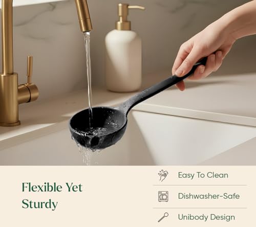 Image of Ember Cookware Silicone Ladle 30.5 cm | 230C Heat Resistant | Platinum Grade Food Safe Soup & Curry Ladle | Deep Bowl Serving Spoon for Cooking | Non Scratch Seamless Unibody Design | Black