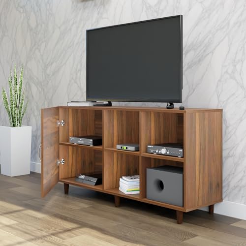 Image of VIKI Modern TV Unit for Living Room | Engineered Wood TV Cabinet with 1 Door Storage & 2 Open Shelves, Set Top Box Stand, Entertainment Unit, 140W x 74H x 40D cm | DIY | 1 Year Warranty (Walnut)
