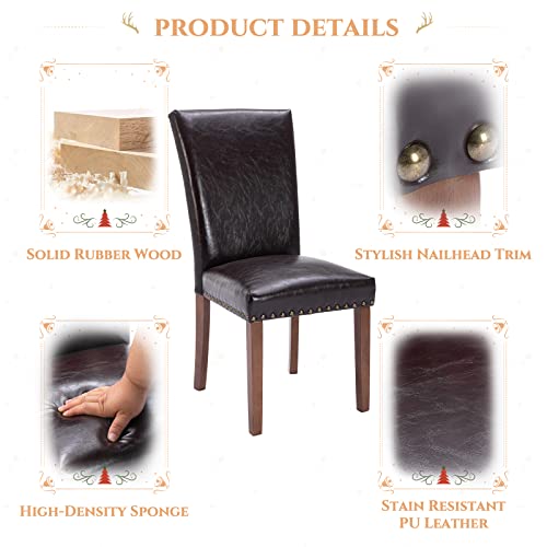 Image of Parsons Dining Chairs Set of 2, Upholstered Nailhead PU Leather Dining Room Kitchen Side Chair with Thick Cushions and Wood Legs, Dark Brown