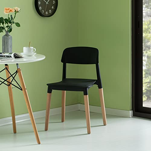 Fabulaxe Modern Plastic Dining Chair Open Back With Beech Wood Legs, Black Set Of 4 #TOP1