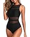 Holipick Women High Neck One Piece Swimsuits Mesh Bathing Suits Open Back Slimming Swimwear for Teen Girls Black M