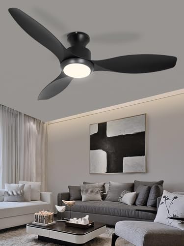 OUATER - Ventilador de techo de 48 pulgadas con luz y mando a distancia, ventilador de techo negro con 3 cuchillas, luz de 3 colores, 6 velocidades, motor de CC Queit, para recámara/exterior/patios,
