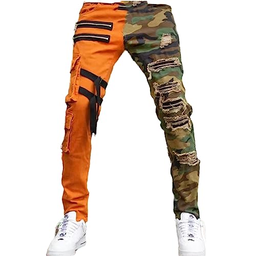 Men's Slim Fit Patchwork Jeans Hip Hop Fashion Straight with Zip Cargo Denim Pants