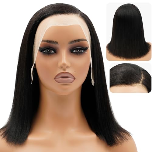 Yaki Bob Wigs Human Hair 13x4, Straight Yaki Side Part Bob Wig Ready Go Glueless Wig HD Lace