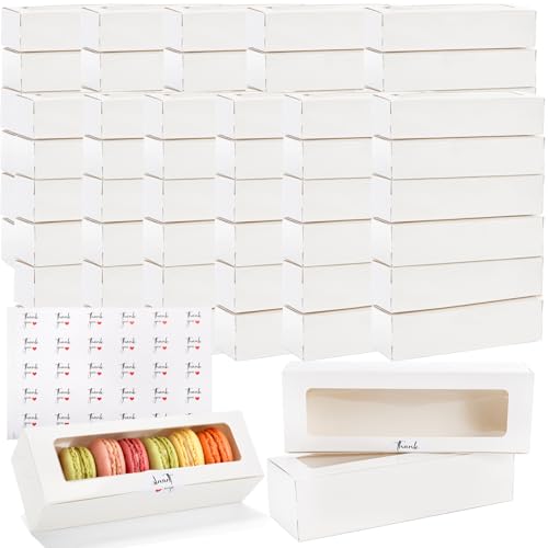 Dicunoy 50 Pack Macaron Boxes for 6 White Macaron Gift Boxes with Clear Window and 120 PCS Stickers Sturdy Macaron Package Containers for Cookies Pastry Chocolate Covered Strawberry DIY Baking