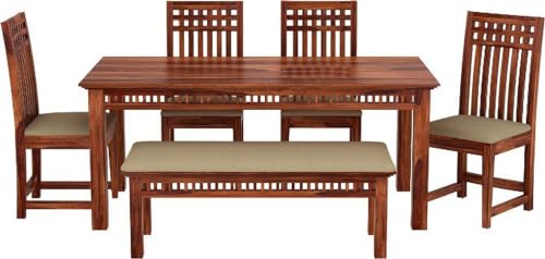 Image of Sheesham Wood 6 Seater Dining Table with 4 Cushioned High Back Chairs and 1 Bench for Living Room Home Wooden Dining Room Sets for Dinner Rooms (Honey Finish)