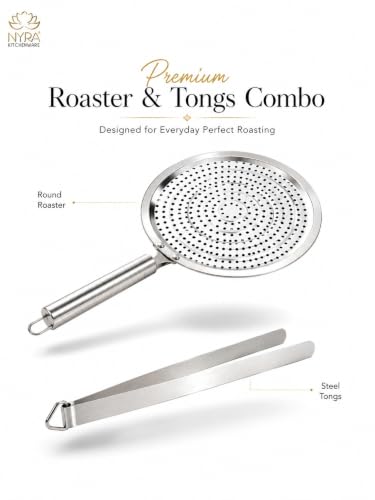 Image of Nyra Stainless Steel Round Roaster and Precision Steel Tongs Set | Brinjal, Barbeque Jali | Chapati Toast Grill | Steel Handle