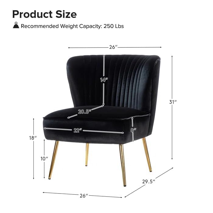Image of Modern Upholstered Accent Velvet Chair Single Seater Channel Tufted Wing Back Chair with Golden Matel Legs for Living Room, Bedroom, Dining Room, Black