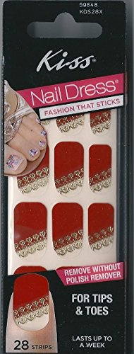 Kiss Nail Dress 28 Count Art Sticker Strips Adhesive Red Gold Lace