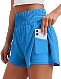 PINSPARK Womans Athletic Shorts 2 in 1 Running Shorts 3' High Rise Stretch Gym Workout Shorts Skin Friendly Training Tennis Yoga Acitve Short, Aqua Blue Medium