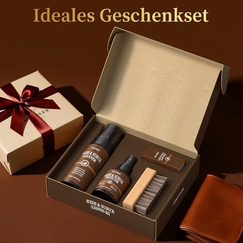 Wildleder- und Nubuk-Pflegeset: Reiniger, Schutz, Wildlederbürste und -radierer: Reinigen, schützen und restaurieren Sie Schuhe, Stiefel, Uggs, Möbel, Jacken, Taschen und Kleidung. Sicher für jede Far