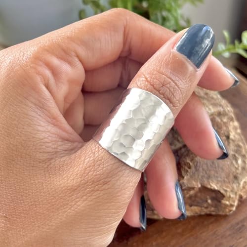 Hammered Sterling Silver Handmade Classic Wide Band Boho Statement Ring, Shiny Finish Wrap Band Adjustable to Sizes 6-12, Also as Thumb Ring, Gift for Her4