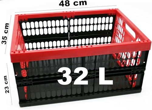 Ebaxx Klapp Kunststoff Plastik Box Kiste Transport Einkaufskorb Falt Groß XL 45 , 32 L (Schwarz/Rot, 32 Liter)