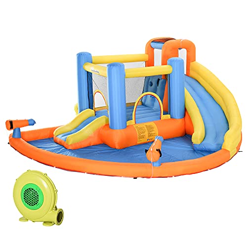 Outsunny Kids Inflatable Water Slide 5-in-1 Bounce House Jumping Castle with Water Pool, Slide, Climbing Walls, & 2 Water Guns, 450W Air Blower
