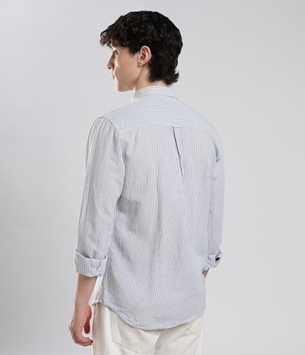 Image of TURMS Men's Casual Striped Linen Shirt | Water Repellent | Anti Stain Anti Odor | Kansas Linen | Concealed Button Down Collar | Full Sleeves