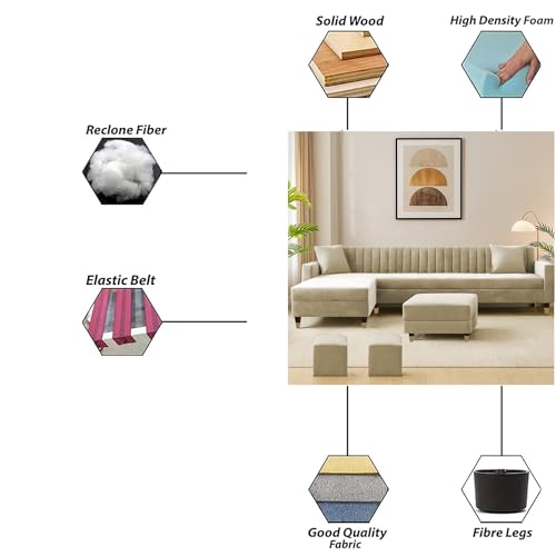 Image of Casaliving Garcia LHS 8 Seater L Shape Sofa Set with Ottoman & 2 Puffy for Living Room (Cream) Premium Fabric Sofa Set