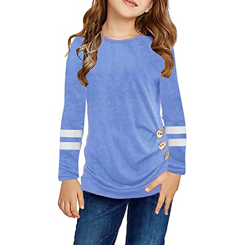 Kids Girls Cotton Fall Tuni Tees Round Neck Long Striped Sleeve Knot Front Button Casual Solid Trendy Tops Clothes