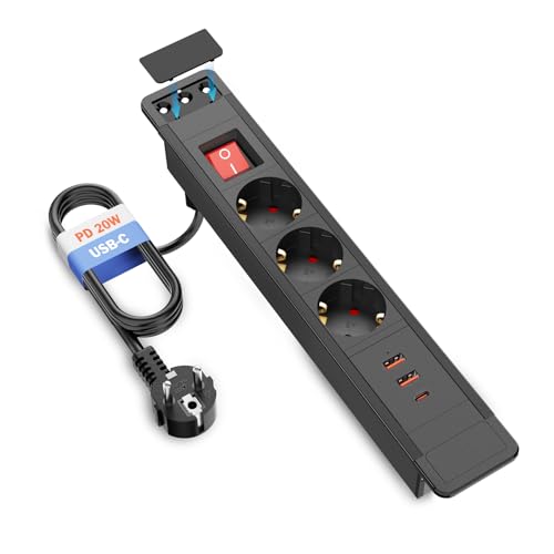 THOWALL Einbau Steckdosenleiste mit USB C PD 20W, Einbausteckdose USB Tischsteckdose 3 Fach mit Schalter 2M Kabel, Schwarz