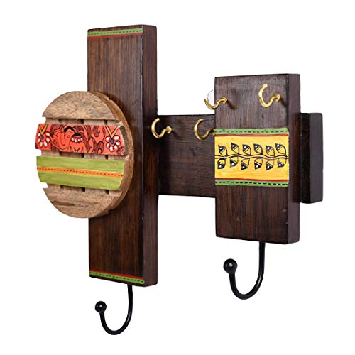 Image of AAKRITI ART CREATIONS Key Holder, Handcrafted Madhubani Art Key Hanger | Rustic Wood Wall Organizer with 4 Hooks | New Home Gifts | Multifunctional Entryway Decor Item