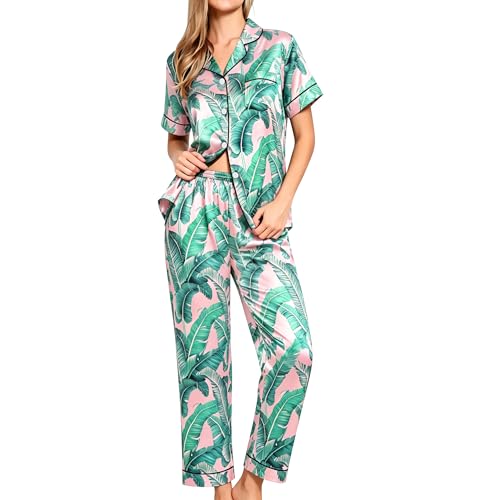 Image of SWOMOG Women Satin Pajamas Set Short Sleeve Top & Pants Sleepwear Silky Button Down Nightwear 2pcs Loungewear Pjs Set Pink Leaves Medium