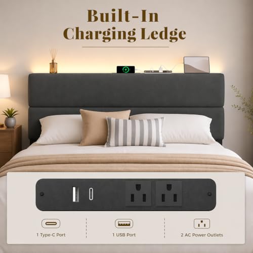 Image of Queen Bed Frame with 2 Storage Drawers, Grey Velvet Upholstered | Platform Bed with Charging Ledge, LED Headboard Lighting, Metal Support, Noise Free, No Box Spring Needed, Easy Assembly