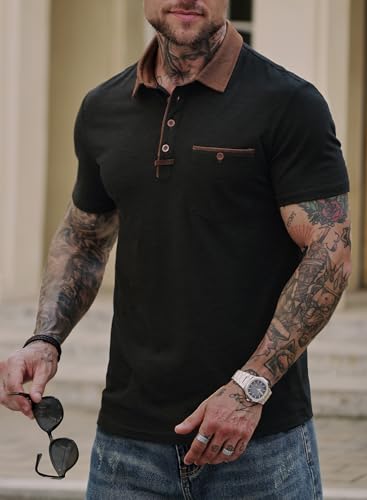 Men's Vintage Polo Shirts Fashion Tactical Polos Contrast Collared Shirt with Pocket (S-XXL)3