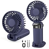 Portable Handheld Fan Rechargeable Small Fan 5 Speeds with Lanyard and Base USB Desk Fan Foldable Quiet Personal Fan with LED Display for Office, Home, Travel, Outdoor