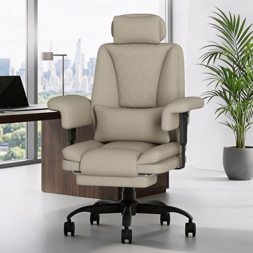 Submi Ergonomic Office Chair, Gaming Chair with Footrest & Lumbar Support, Heavy Duty Executive Desk Chair, Wide Seat PC Computer Game Chair, Comfy Office Chair for Home Gift,150KG, Khaki