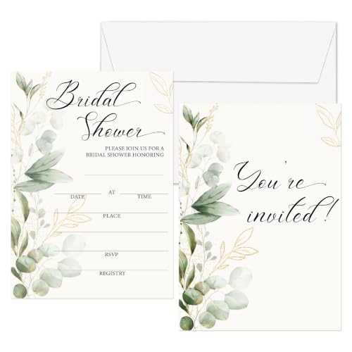 KWGLRIIM Greenery Bridal Shower Invitations with Envelopes 5×7 | 25 Eucalyptus Wedding Shower Invitations for Guest | Greenery Engagement Party Supplies-A01