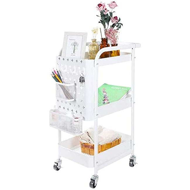 3-Tier Metal Rolling Utility Cart with Handles and Peg Board Hooks Baskets Locking Wheels, Storage Trolley Storage Shelves Service Cart for Kitchen-L3LNeznd