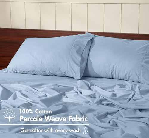 Image of RUVANTI 100% Cotton Percale Sheets California King - Crisp Cooling Summer Bed Sheets for Hot Sleepers, Deep Pocket 12 inch, Soft Peach Finish, Breathable & Durable Hotel-Style 4 Piece Set, Smoky Blue