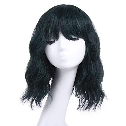 Leeven Perruque Bob court de 14 pouces avec frange Perruque Bob vert vague naturelle pour femme Perruque courte chaleur avec une frange pour le cosplay quotidien / Mix Green Cover