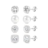 4 Pairs 925 Sterling Silver Stud Earrings for Women - Hypoallergenic 14K Gold Plated Knot Round Square CZ Pearl Stud Earrings for Sensitive Ears Daily Wear Gift Silver Pearl