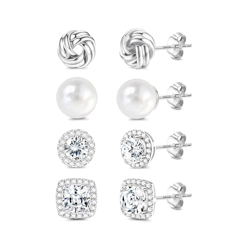 Image of 4 Pairs 925 Sterling Silver Stud Earrings for Women - Hypoallergenic 14K Gold Plated Knot Round Square CZ Pearl Stud Earrings for Sensitive Ears Daily Wear Gift Silver Pearl