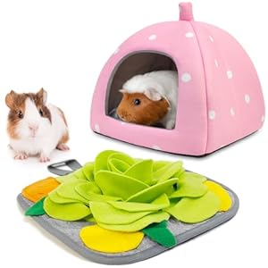 Guinea Pig Hideout with Foraging Mat – Small Animal Enrichment Toys – Interactive Feeding Mat and House Bed – Washable Cage Accessories for Bunny