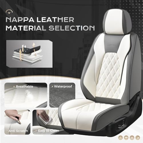 Image of Coverado Front and Back Seat Covers for Cars, 5 Seats Automotive Seat Covers, Faux Leather Car Seat Covers Seat Protectors Car Seat Cushion Carseat Cover Universal Fit for Most Cars Truck - Gray&White