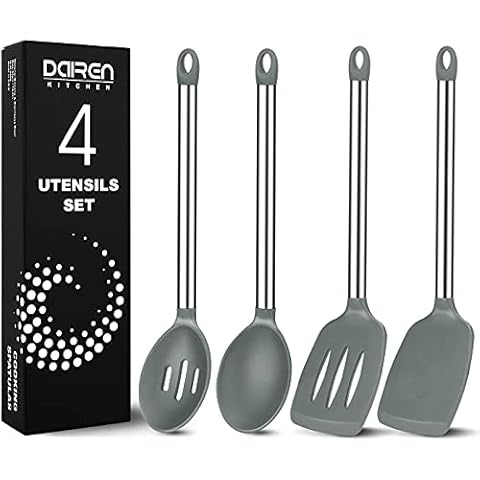 4 Pieces Large Silicone Cooking Spatulas and Spoons, Slotted and Solid Stainless Steel Cooking Utensils Set, Non-stick Heat Resistant Kitchen for Baking, Stir-Fry, Mixing, Serving, Draining (Grey) Cover