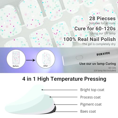 DUKASOU Semi Cured Gel Nail Strips, Firefly | 28 pcs Chinese Style Gel Nail Strips Work with Any UV Lamp, Salon Quality New Chinese Nail Stickers, Include Prep Pads, Nail File&Wood Stick