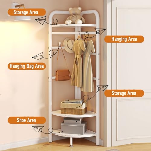 Porte-manteau d'angle blanc en métal avec support de rangement