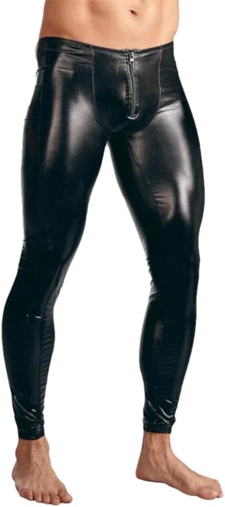 FULBHPRINT Men’S Sexy Black Wet Look PU Leather Pants Slim Fit Zip Pouch Tights Clubwear Party Faux Leather Leggings Trousers
