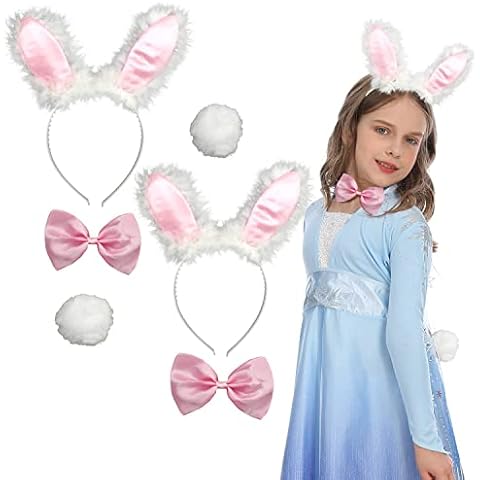 Set of 2 Rabbit Ears Headband with Bow Tie and Tail for Children Adults Rabbit Ears Headband White Pink for Cosplay Theme Party Carnival (White Pink) Cover