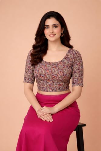 Image of Amazon Brand - Anarva Women's Kalamkari Print Cotton Stretchable Round Neck Readymade Saree Blouse